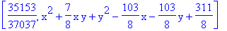 [35153/37037, x^2+7/8*x*y+y^2-103/8*x-103/8*y+311/8]